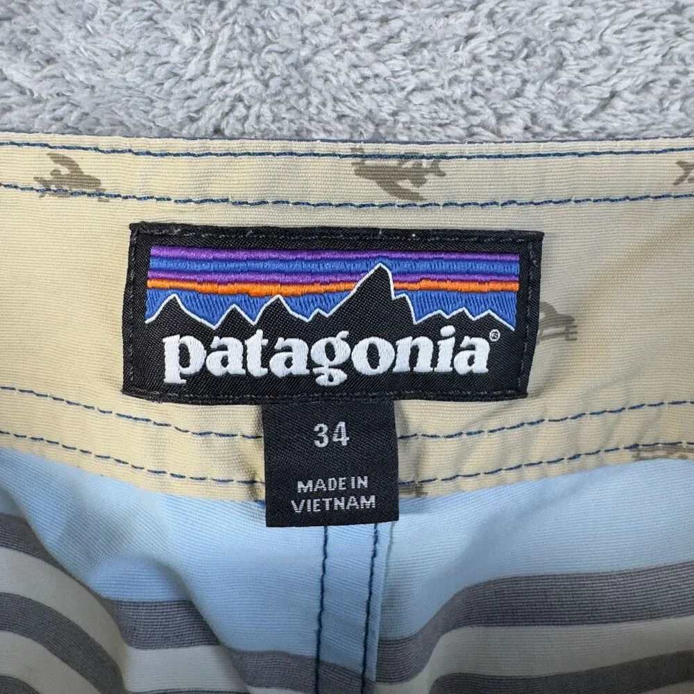 Patagonia Swim Trunks Mens 34 Yellow Blue Wavefarer Board Shorts Striped Outdoor